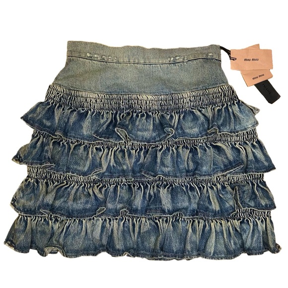 Miu Miu Denim Tiered Ruffle Skirt